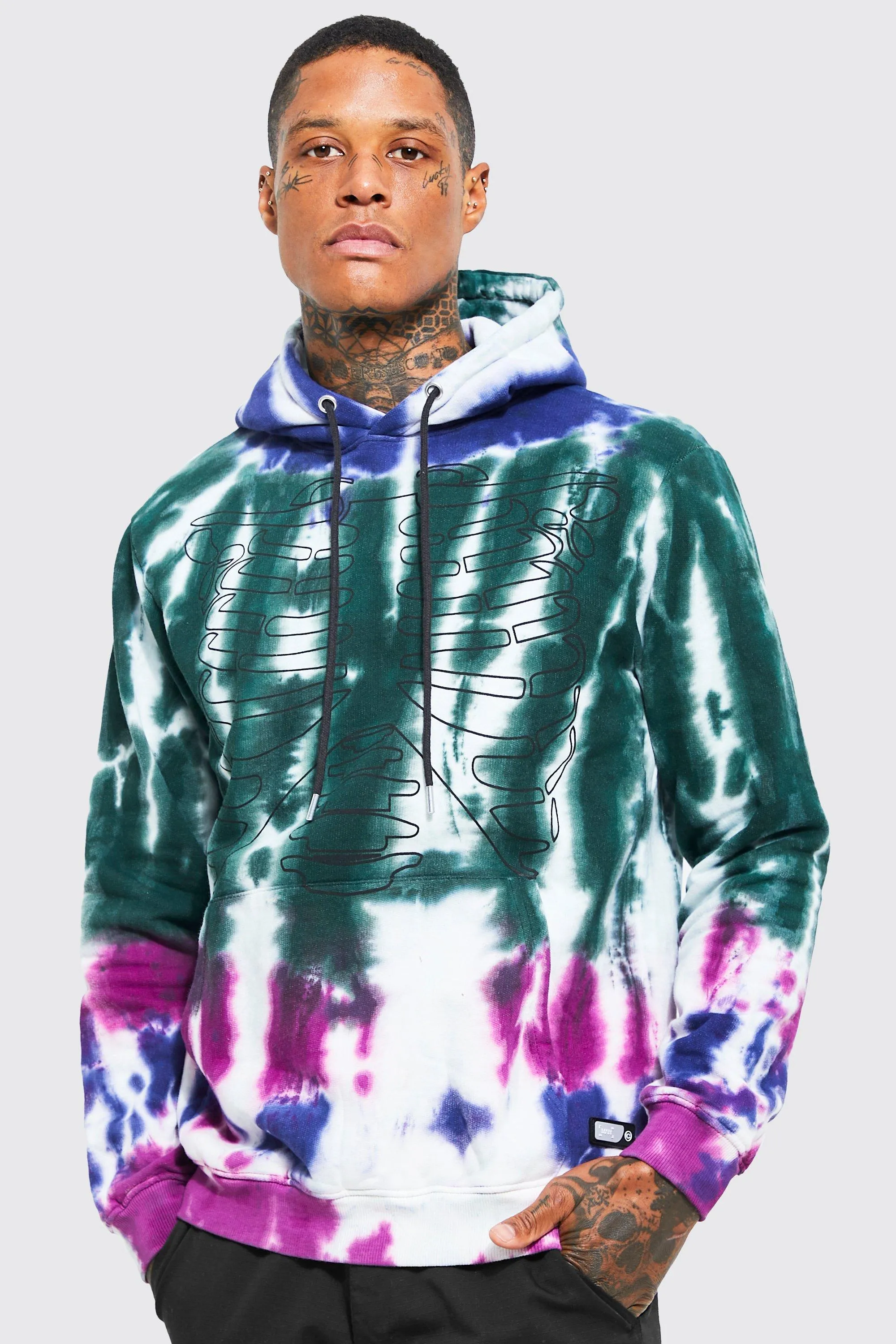 Skeleton Print Tie Dye Hoodie | boohooMAN UK