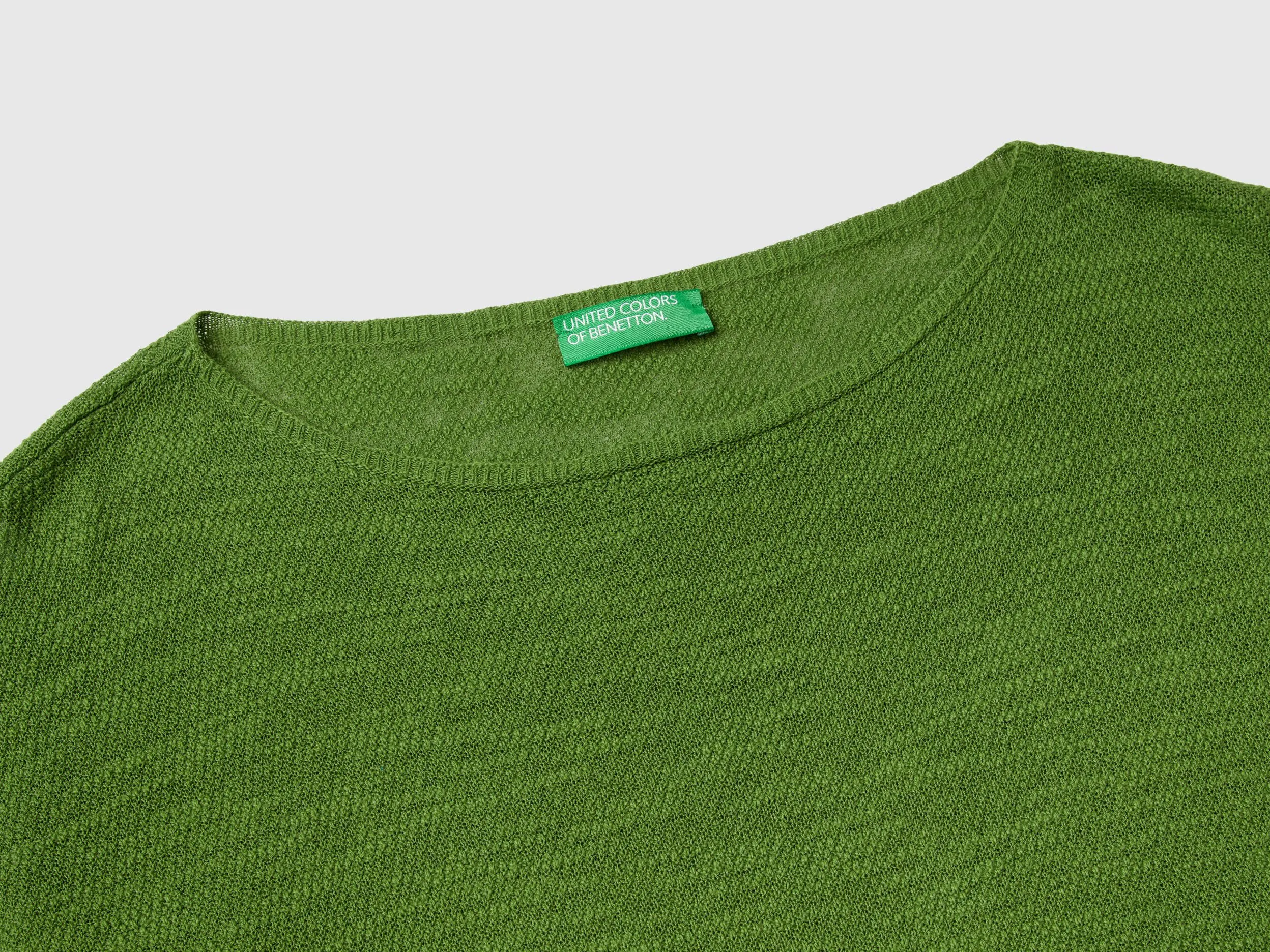 Sweater in linen blend with 3/4 sleeves - Military Green | Benetton