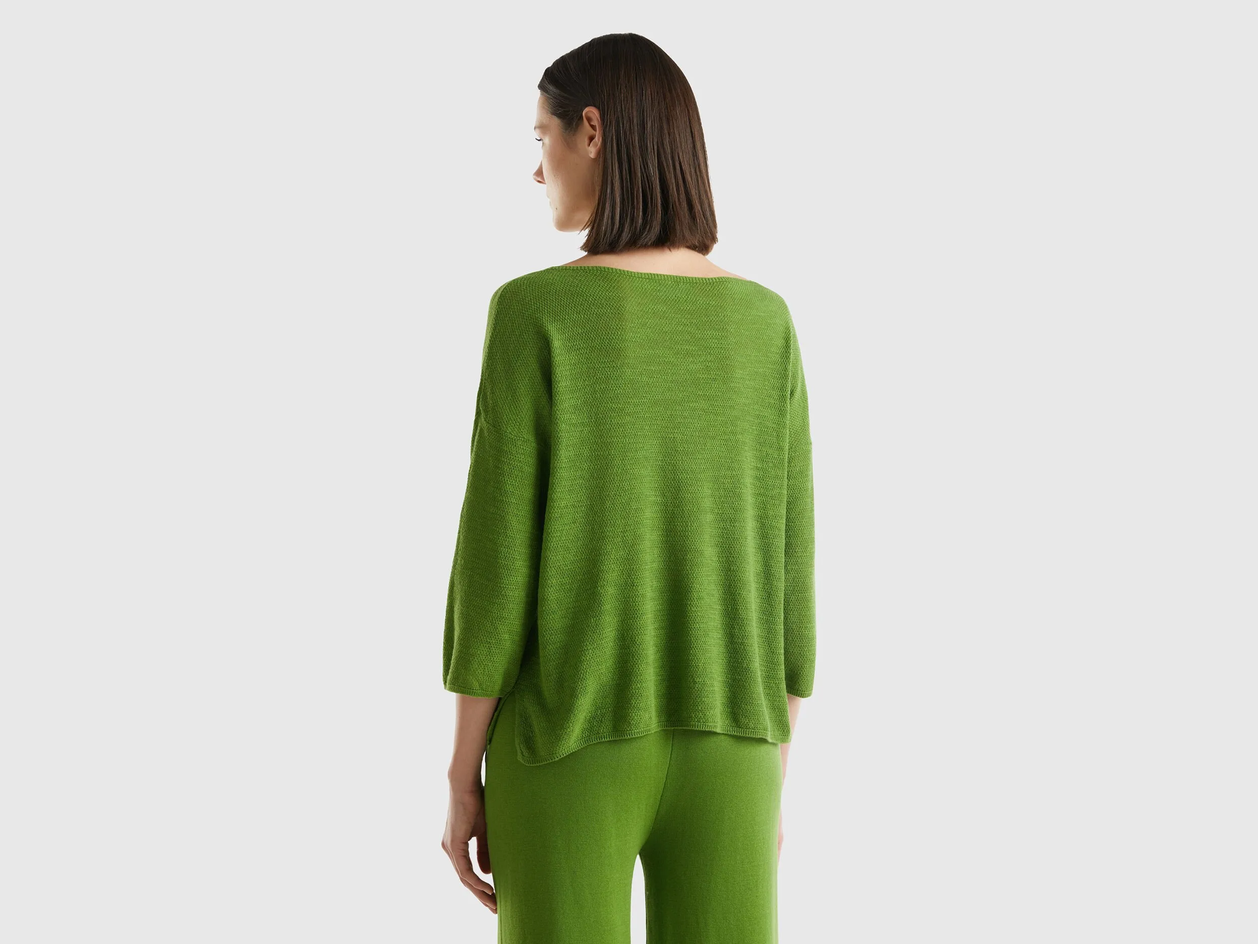 Sweater in linen blend with 3/4 sleeves - Military Green | Benetton