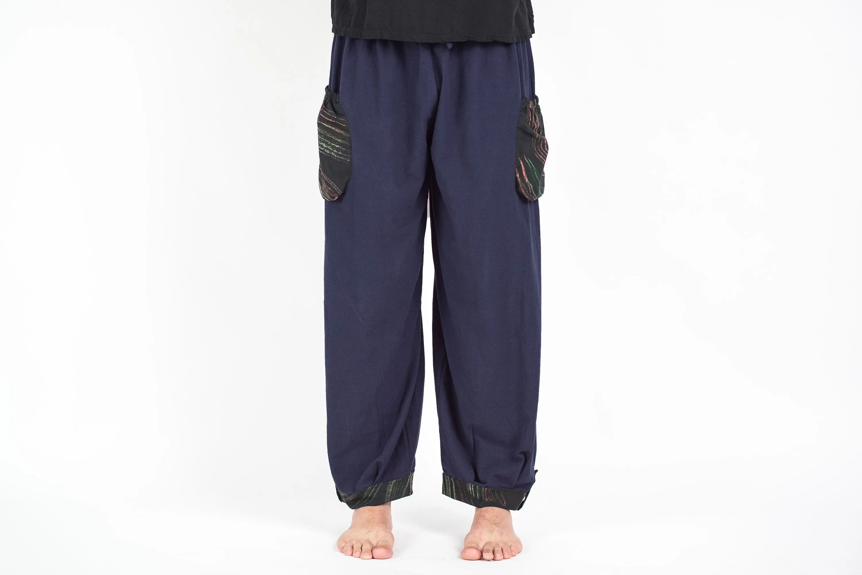 Thai Cotton Men Drawstring Pants With Hill Tribe Trim Navy