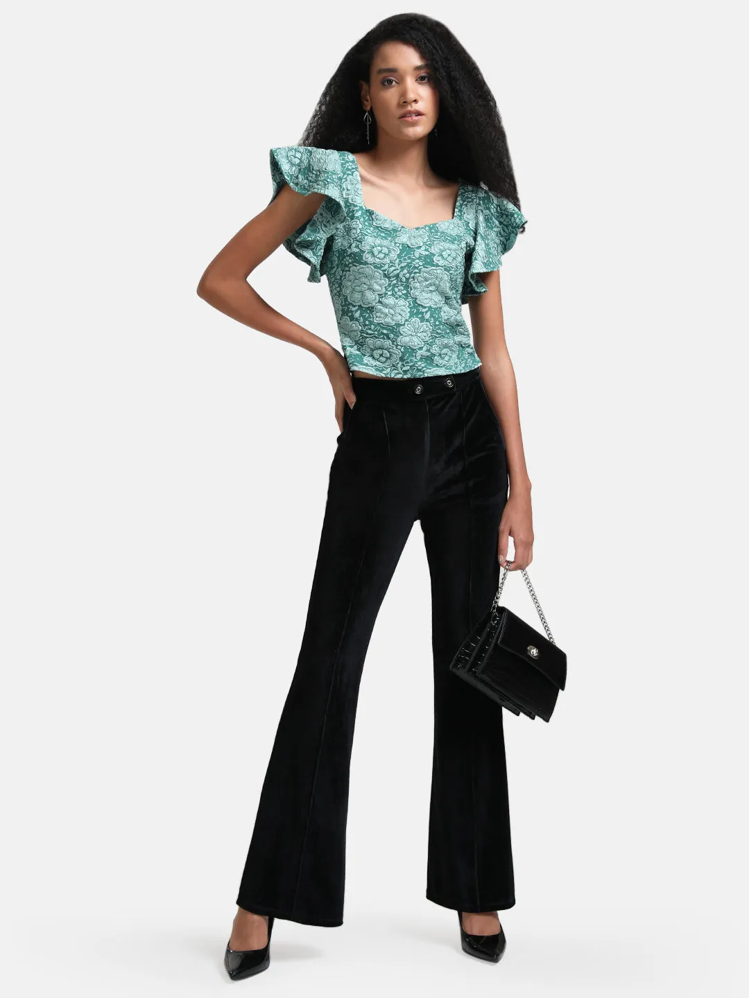 Tonal Jacquard Crop Top With Flutter Sleeves