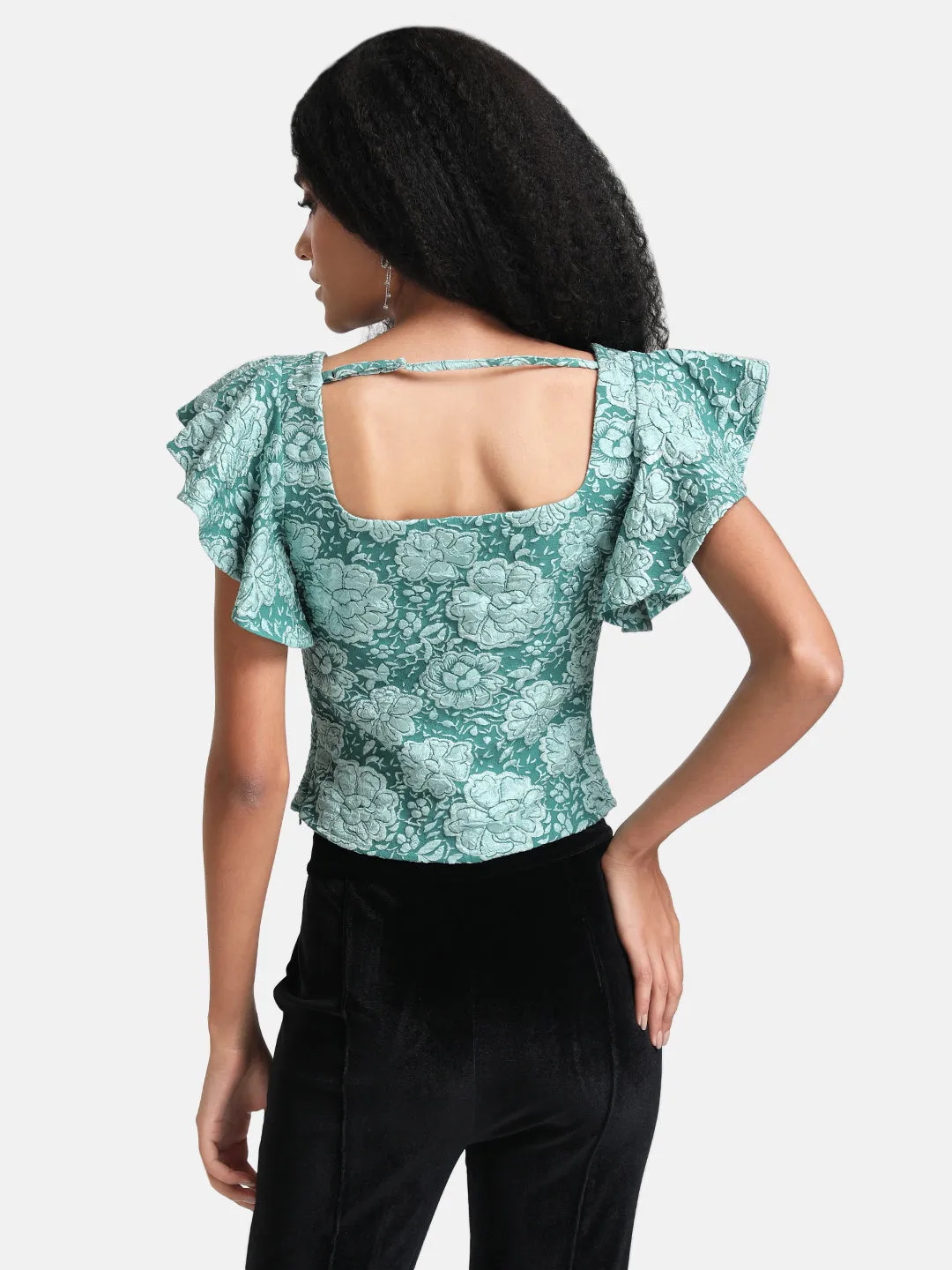 Tonal Jacquard Crop Top With Flutter Sleeves