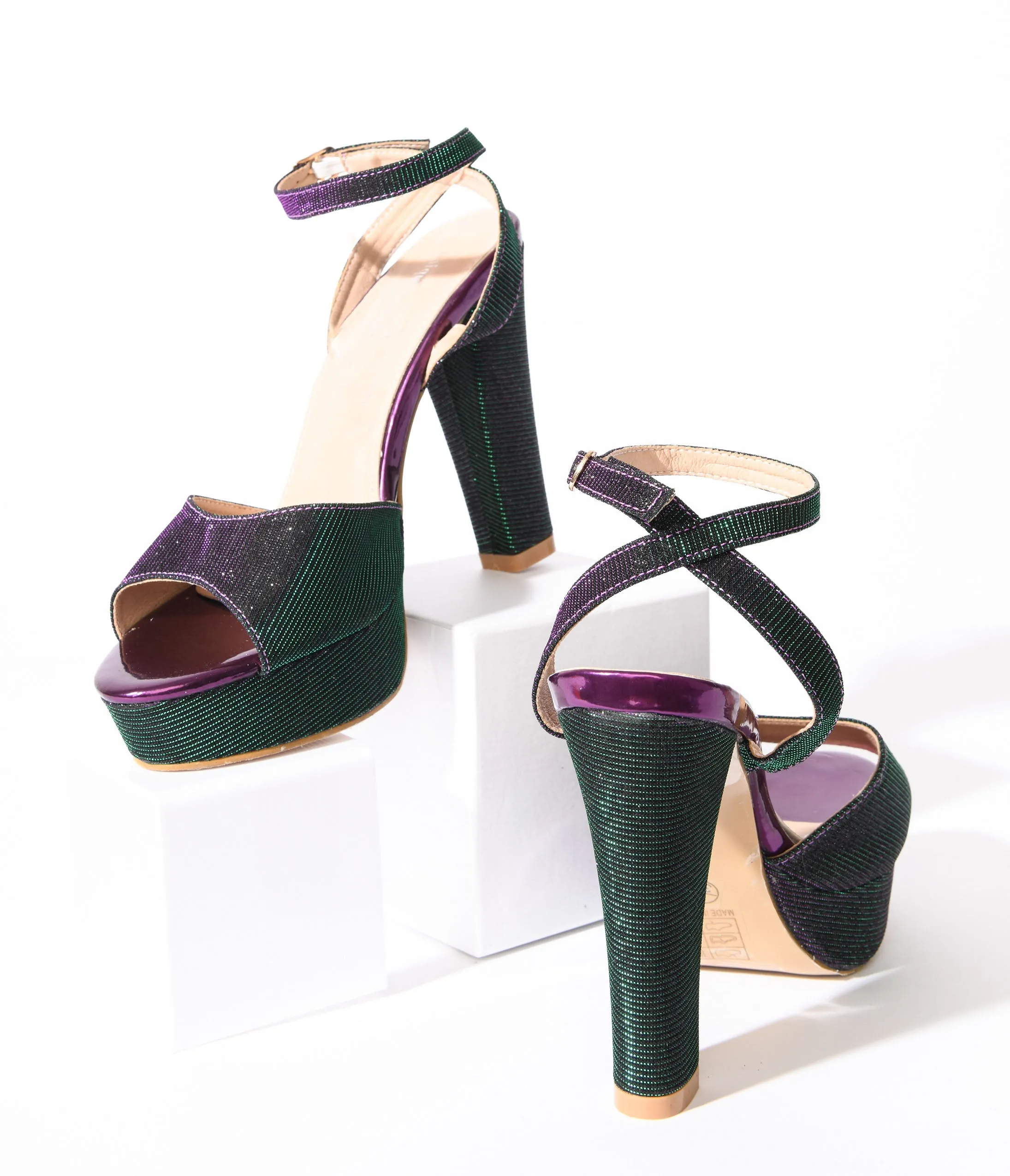 Unique Vintage Metallic Emerald & Purple Duotone Platform Heels