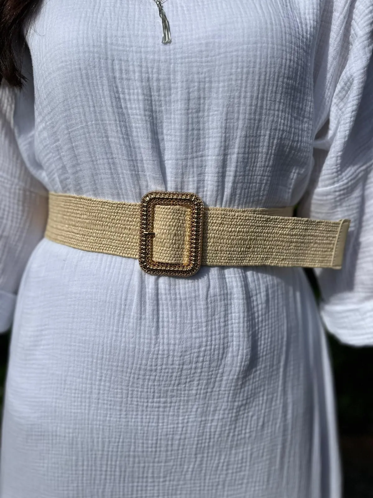 Vanilla Sparkle Weave Buckle Belt