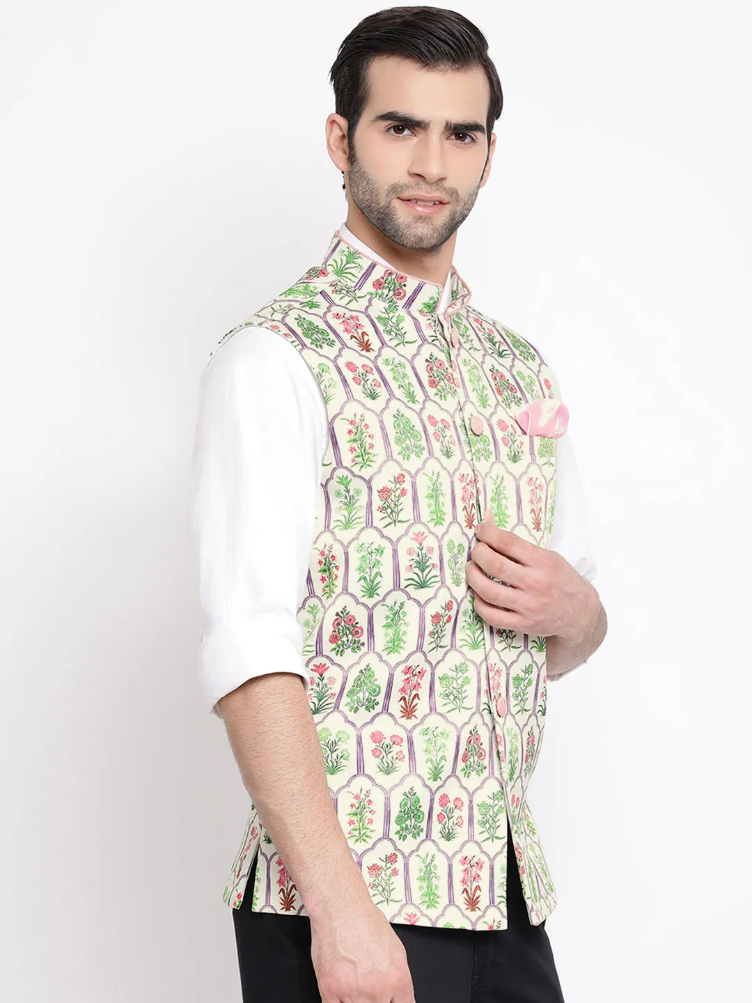 VASTRAMAY Men's Cream Digital Floral Printed Royal Nehru Jacket