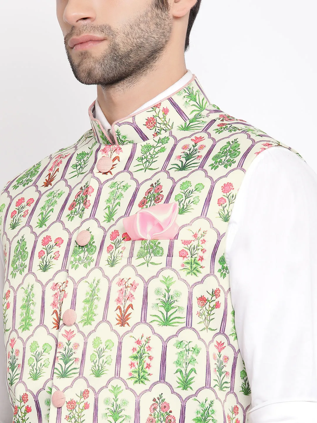 VASTRAMAY Men's Cream Digital Floral Printed Royal Nehru Jacket