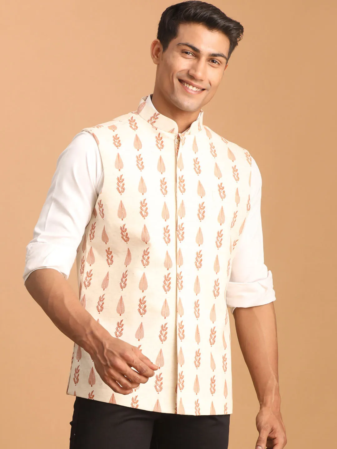 VASTRAMAY Men's Cream Leaf Printed Pure Cotton Nehru Jacket