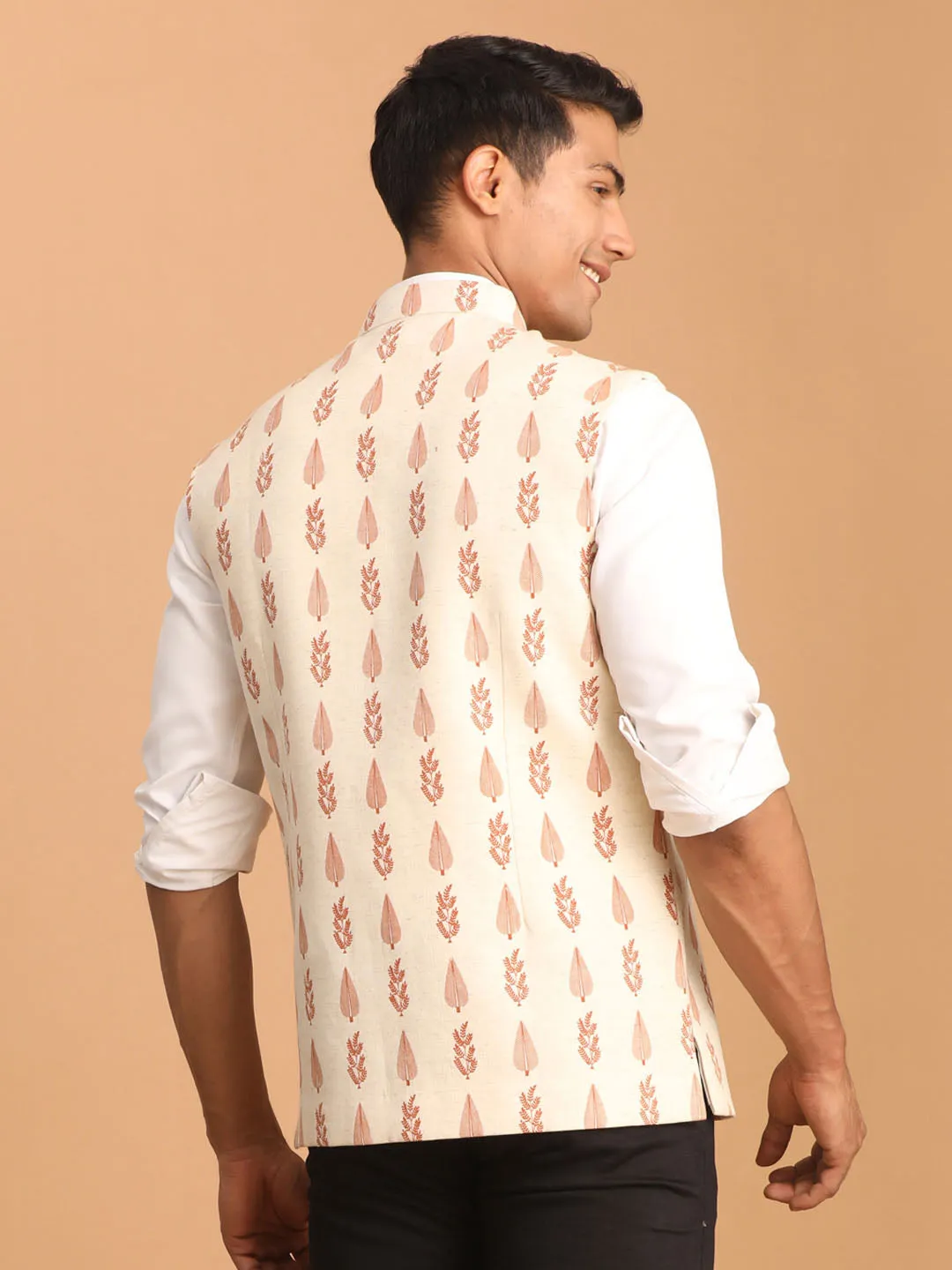 VASTRAMAY Men's Cream Leaf Printed Pure Cotton Nehru Jacket