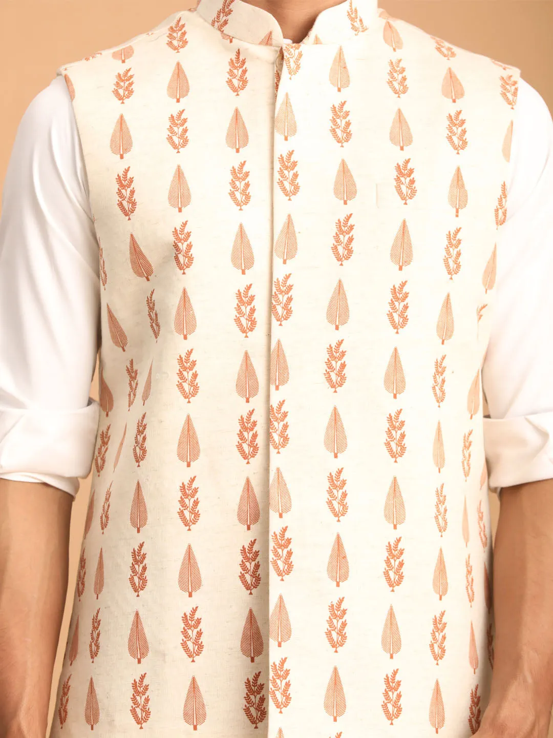 VASTRAMAY Men's Cream Leaf Printed Pure Cotton Nehru Jacket