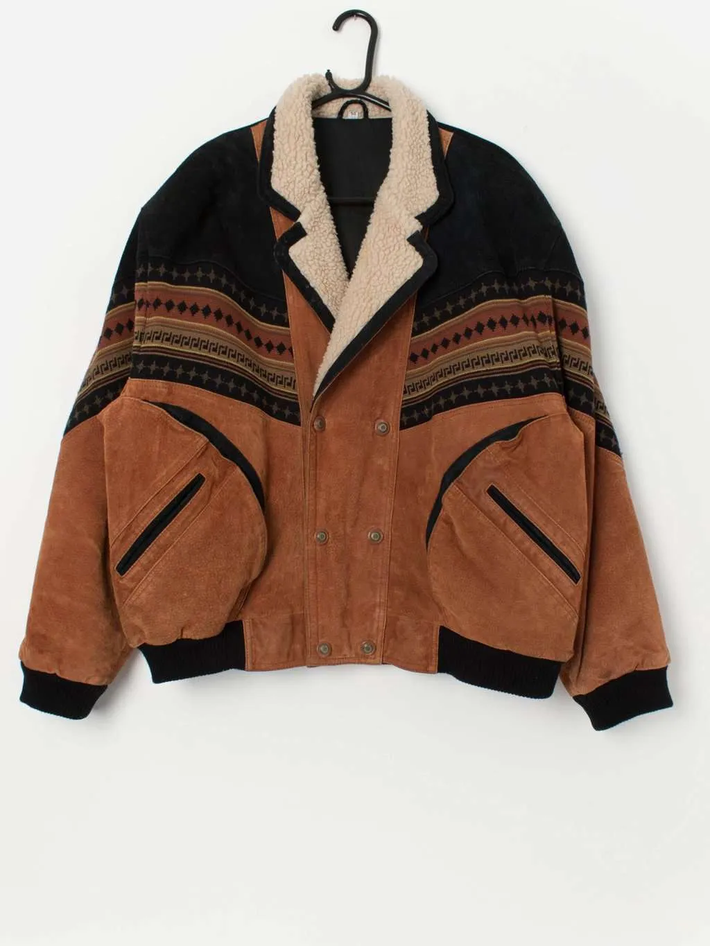 Vintage suede Aztec jacket, Navajo leather coat in autumn orange and black – XL