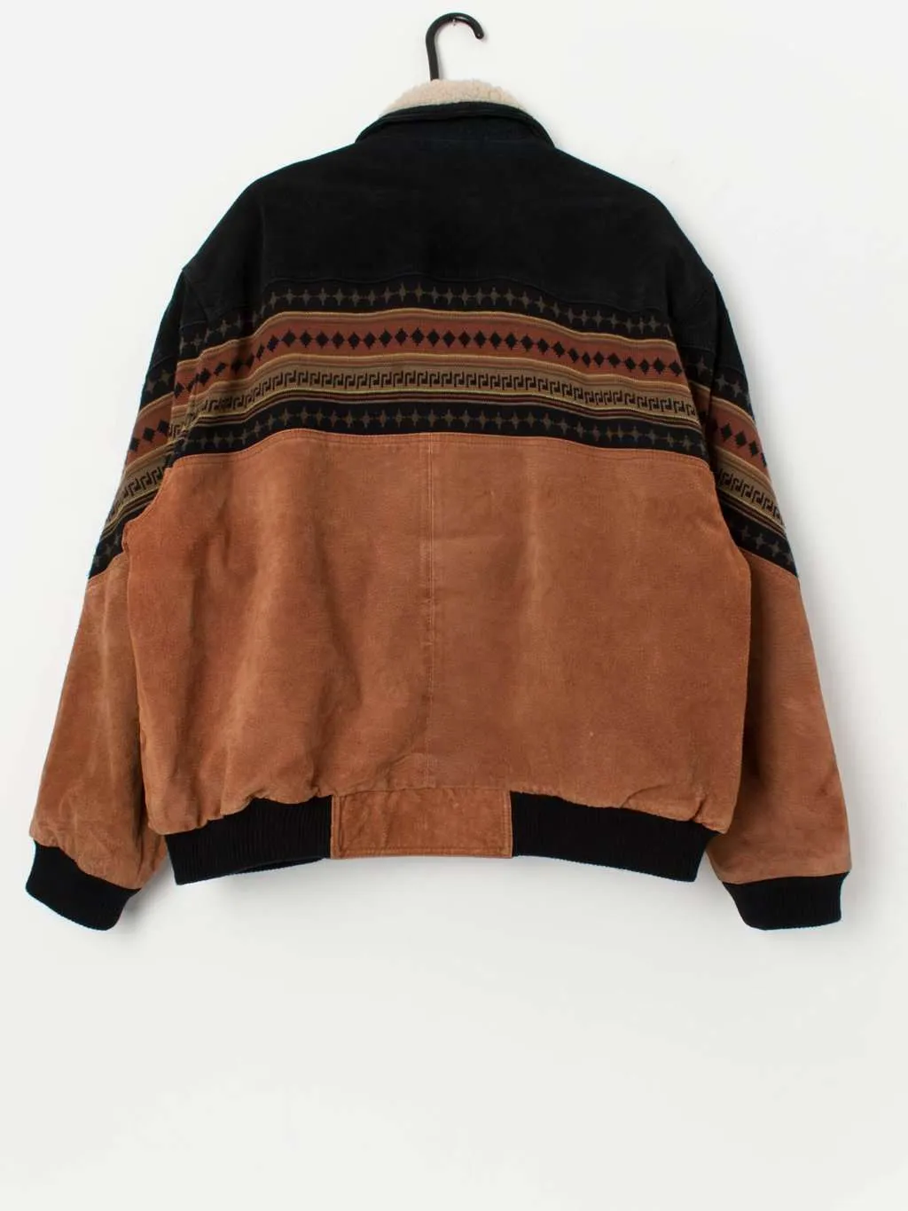 Vintage suede Aztec jacket, Navajo leather coat in autumn orange and black – XL