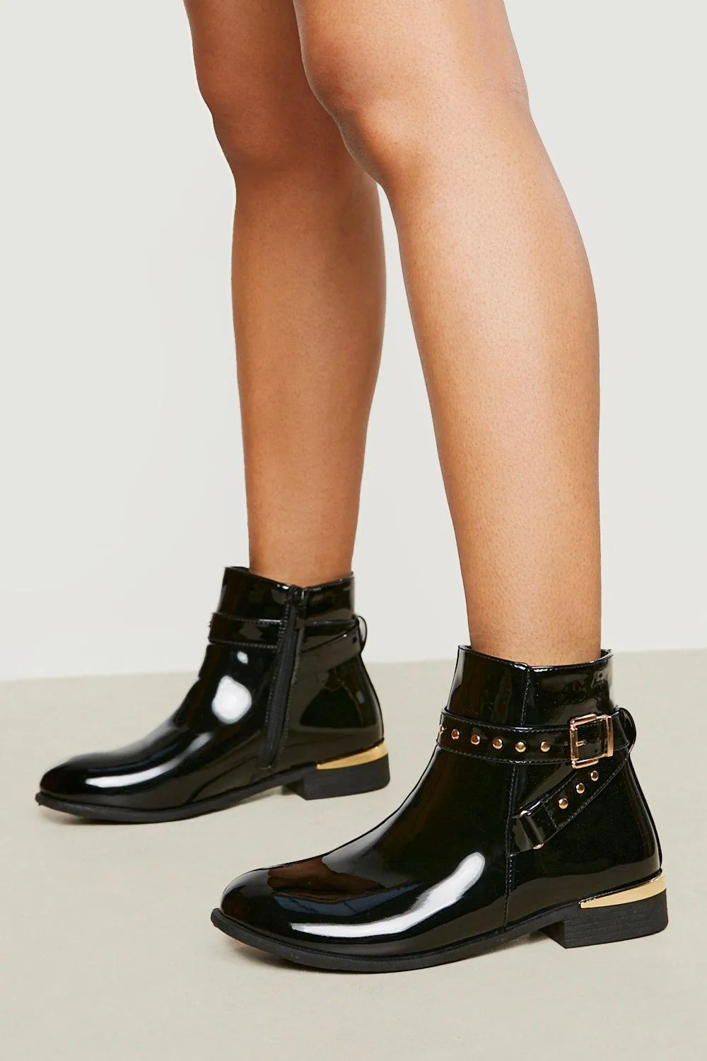 Wide Width Buckle And Stud Detail Patent Chelsea Boot