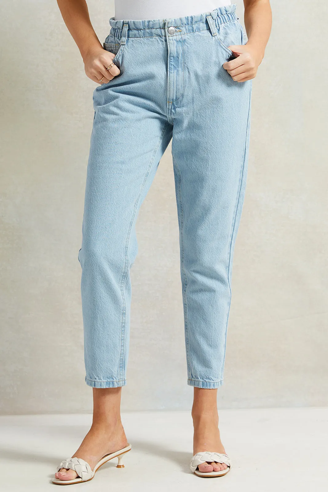 Women Blue Solid Paper Bag Jeans