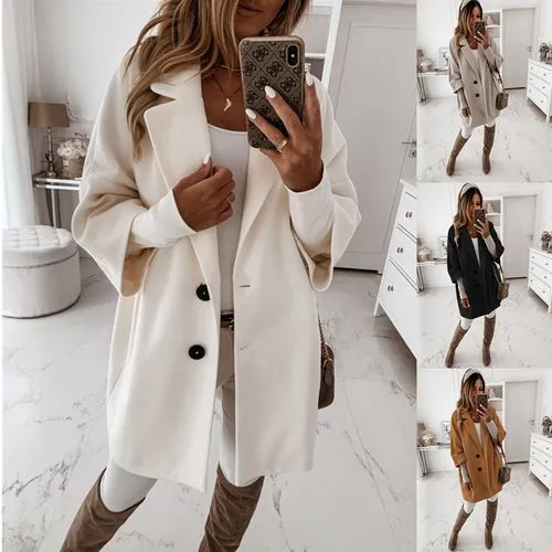 Women's Casual Solid Color Patchwork Single Breasted Woolen Coat