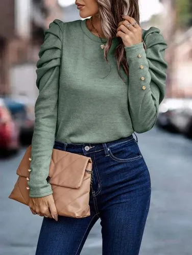 Women's T-shirt Long Sleeve T-shirts Button Casual Solid Color