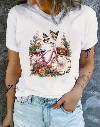 Women's T-shirt Short Sleeve T-Shirts Casual Bicycle Flower Butterfly