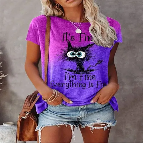 Women's T-shirt Short Sleeve T-shirts Printing Casual Letter Cat