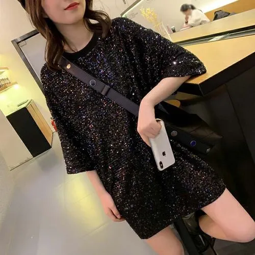 Women's T-shirt Short Sleeve T-shirts Sequins Streetwear Solid Color